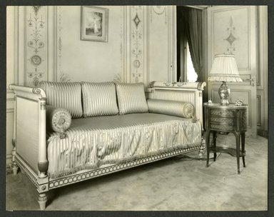 <em>"Weil-Worgelt apartment; sofa and end table in French eighteenth-century revival style."</em>. Bw photographic print, 5 x 7 in (13 x 16 cm). Brooklyn Museum, CHART_2011. (NK2004_W42_Weil_Worgelt_apartment_page17.jpg