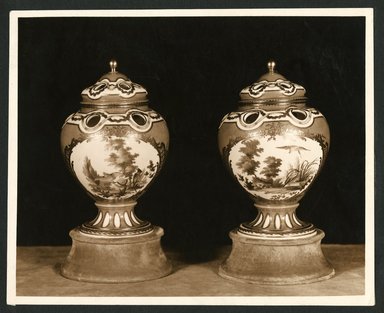 <em>"Pair of painted urns."</em>. Bw photographic print, sepia toned. Brooklyn Museum, CHART_2011. (NK2004_W42_Weil_Worgelt_apartment_page20.jpg