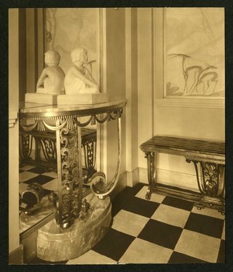 <em>"Weil-Worgelt apartment; console table with sculpture."</em>. Bw photographic print, sepia toned. Brooklyn Museum, CHART_2011. (NK2004_W42_Weil_Worgelt_apartment_page21.jpg