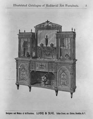 <em>"Illustrated Catalogue of Mediaeval Art Furniture.—Designers and Makers of Art Furniture, LANG & NAU, Fulton Street, cor. Clinton, Brooklyn, N.Y."</em>, 1880. b/w negative, 4x5in. Brooklyn Museum. (NK2265_L26_Lang_p3_bw.jpg