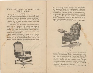 <em>"The Marks improved adjustable folding chair"</em>. Printed material. Brooklyn Museum. (NK2715_M34_Marks_02.jpg