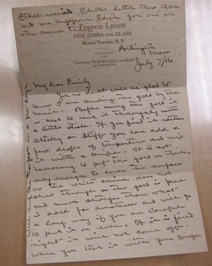 <em>"Handwritten letter to 'My dear Emily' on Francis Lycett stationery. Part of: 'Letters from Ethel about Lycetts and E. Lycett's box of reference material sent to me in 1943.'"</em>, 1916. Printed material. Brooklyn Museum. (NK4210_L98_F14_Lycett_inv001.jpg