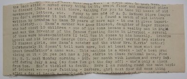 <em>"Fragment of letter typed on front and back of paper, beginning 'the back attic.' Part of: 'Letters from Ethel about Lycetts and E. Lycett's box of reference material sent to me in 1943.'"</em>. Printed material. Brooklyn Museum. (NK4210_L98_F14_Lycett_inv002.jpg
