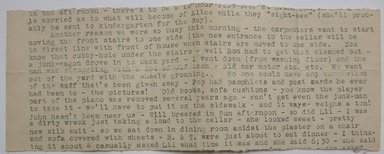 <em>"Fragment of letter typed on front and back of paper, beginning 'the back attic.' Part of: 'Letters from Ethel about Lycetts and E. Lycett's box of reference material sent to me in 1943.'"</em>. Printed material. Brooklyn Museum. (NK4210_L98_F14_Lycett_inv002_verso.jpg