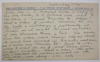 <em>"Handwritten postcard to Mrs. Fred Newman addressed to 'Dear Em' and signed 'Eth', dated 'Saturday P. M.' and postmarked Oct. 26, 1942. Part of: 'Letters from Ethel about Lycetts and E. Lycett's box of reference material sent to me in 1943.'"</em>, 1942. Printed material. Brooklyn Museum. (NK4210_L98_F14_Lycett_inv004.jpg
