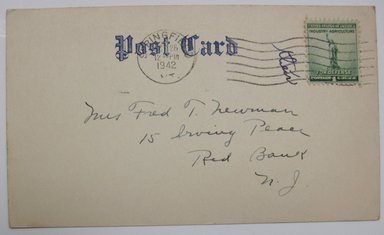 <em>"Handwritten postcard to Mrs. Fred Newman addressed to 'Dear Em' and signed 'Eth', dated 'Saturday P. M.' and postmarked Oct. 26, 1942. Part of: 'Letters from Ethel about Lycetts and E. Lycett's box of reference material sent to me in 1943.'"</em>, 1942. Printed material. Brooklyn Museum. (NK4210_L98_F14_Lycett_inv004_verso.jpg