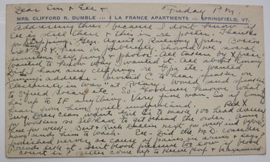 <em>"Handwritten postcard to Mrs. Fred Newman addressed to 'Dear Em + Eee(?)', dated 'Friday P. M.' and postmarked Oct. 24, 1942. Part of: 'Letters from Ethel about Lycetts and E. Lycett's box of reference material sent to me in 1943.'"</em>, 1942. Printed material. Brooklyn Museum. (NK4210_L98_F14_Lycett_inv005.jpg