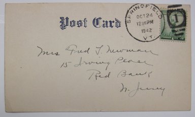 <em>"Handwritten postcard to Mrs. Fred Newman addressed to 'Dear Em + Eee(?)', dated 'Friday P. M.' and postmarked Oct. 24, 1942. Part of: 'Letters from Ethel about Lycetts and E. Lycett's box of reference material sent to me in 1943.'"</em>, 1942. Printed material. Brooklyn Museum. (NK4210_L98_F14_Lycett_inv005_verso.jpg