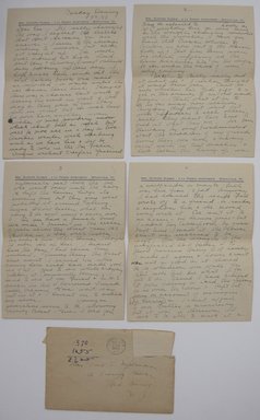 <em>"Handwritten letter (4 pages) on Mrs. Clifford Dumble's stationery in envelope addressed to Mrs. Fred Newman, dated 'Sunday Evening, 3/8/43', addressed to 'Dear Em' and signed 'Eth.' Part of: 'Letters from Ethel about Lycetts and E. Lycett's box of reference material sent to me in 1943.'"</em>, 1943. Printed material. Brooklyn Museum. (NK4210_L98_F14_Lycett_inv008.jpg
