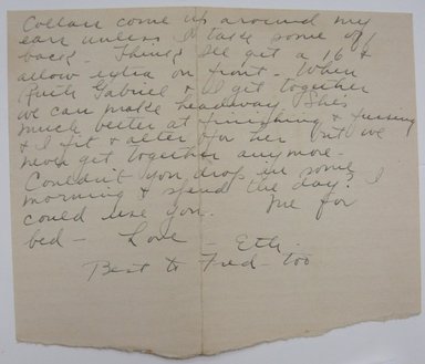 <em>"Fragment of a letter beginning 'from a dealer' in Mrs. Dumble's handwriting written on front and back of sheet, signed 'love Eth.' Part of: 'Letters from Ethel about Lycetts and E. Lycett's box of reference material sent to me in 1943.'"</em>. Printed material. Brooklyn Museum. (NK4210_L98_F14_Lycett_inv009_verso.jpg