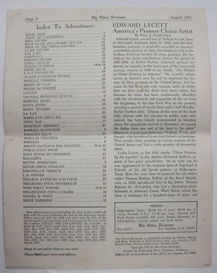 <em>"Printed article titled 'Edward Lycett: America's Pioneer China Artist' from The China Decorator, August, 1971, p. 2-5."</em>, 1971. Printed material. Brooklyn Museum. (NK4210_L98_F14_Lycett_inv012.jpg