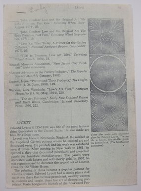 <em>"Photocopy of Lycett 013, 'Lycett' entry from unknown book, p. 85-87, with b/w illustrations, with 'Emily' written on the top left of the first page."</em>. Printed material. Brooklyn Museum. (NK4210_L98_F14_Lycett_inv014.jpg