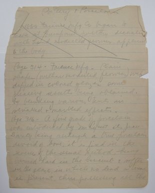 <em>"Handwritten notes with 'Pottery + Porcelain' written at the top."</em>. Printed material. Brooklyn Museum. (NK4210_L98_F14_Lycett_inv016.jpg