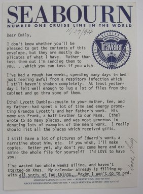 <em>"Letter on Seabourn cruise stationery addressed 'Dear Emily' and signed 'Betty', about Lycett files."</em>, 1994. Printed material. Brooklyn Museum. (NK4210_L98_F14_Lycett_inv018.jpg