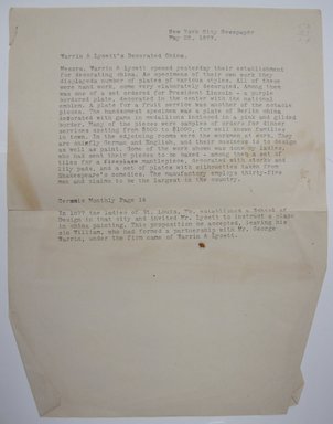 <em>"Typewritten notes from 'New York City Newspaper' 1877 and 'Ceramic Monthly.'"</em>. Printed material. Brooklyn Museum. (NK4210_L98_F14_Lycett_inv019.jpg
