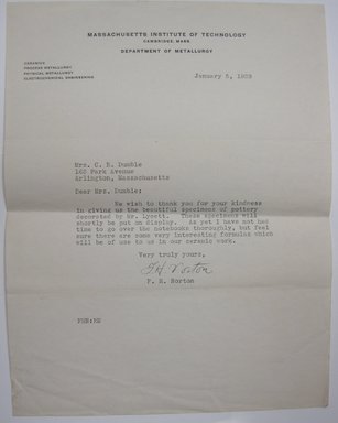 <em>"Typewritten letter from F. H. Norton, Massachusetts Institute of Technology, thanking Mrs. C. R. Dumble for the donation of specimens of pottery and notebooks."</em>, 1939. Printed material. Brooklyn Museum. (NK4210_L98_F14_Lycett_inv021.jpg