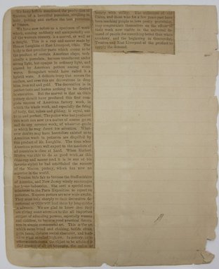 <em>"Article titled 'American Pottery Industries' from The Journal of Commerce, Jan. 17, 1879. 4 columns, mounted on front and back of a sheet of cardboard."</em>, 1879. Printed material. Brooklyn Museum. (NK4210_L98_F14_Lycett_inv024_verso.jpg