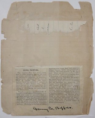 <em>"Two articles, 'Women [illegible] China', labelled 'Kansas City, MO' and 'China Painting', labelled 'Glenny [?] Co. Buffalo', mounted on the front and back of a sheet of paper."</em>. Printed material. Brooklyn Museum. (NK4210_L98_F14_Lycett_inv025_verso.jpg