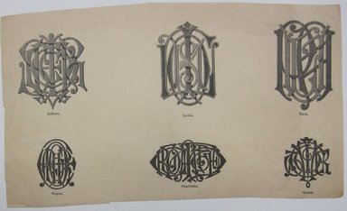 <em>"Clipped illustration with 5 monograms on it, beginning with DB and DV. Reverse is blank."</em>. Printed material. Brooklyn Museum. (NK4210_L98_F14_Lycett_inv073.jpg
