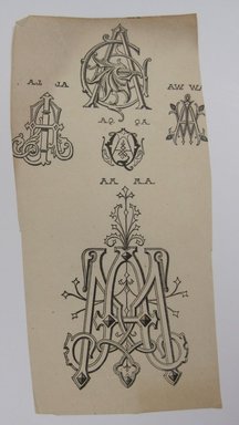 <em>"Clipped illustration with 12 monograms on it, beginning with BM and BN. Reverse is blank."</em>. Printed material. Brooklyn Museum. (NK4210_L98_F14_Lycett_inv074.jpg