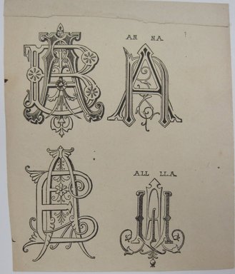 <em>"Clipped illustration of a foliated motif, one quarter of which is colored in in black and gold. Handwritten label reads 'Elizabethian.' Reverse is blank."</em>. Printed material. Brooklyn Museum. (NK4210_L98_F14_Lycett_inv092.jpg