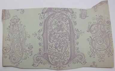 <em>"Clipped card with colored floral and animal motifs on one side, continuing into black and white motifs on the other side. Reverse had hand written caption reading 'Renaissance.'"</em>. Printed material. Brooklyn Museum. (NK4210_L98_F14_Lycett_inv096_verso.jpg