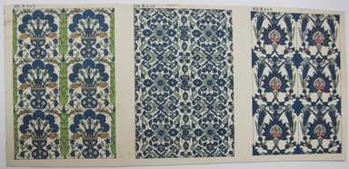 <em>"Elaborated floral interlace pattern, one quadrant of which is printed in color ink and the rest is outlined in black and white. Handwritten captions on reverse read 'Gothic' and 'Gothic illumination.'"</em>. Printed material. Brooklyn Museum. (NK4210_L98_F14_Lycett_inv101.jpg