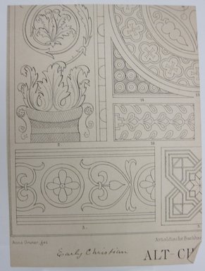 <em>"Clipping of geometric and foliated motifs in color. Handwritten caption on reverse reads 'Early Christian.'"</em>. Printed material. Brooklyn Museum. (NK4210_L98_F14_Lycett_inv118.jpg