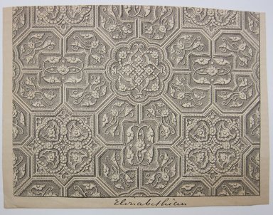 <em>"Page with 16 border designs, captioned in French. Reverse has illustration of two figures holding a wreath and caption 'Sculpture Over Apex of Pediment Hofburgtheater, Vienna.'"</em>. Printed material. Brooklyn Museum. (NK4210_L98_F14_Lycett_inv120.jpg