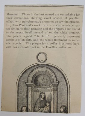 <em>"Clipped illustration of a woman standing in a cottage garden, with verse pinned to it titled 'Admonition.' Reverse has text and fragment of another illustration."</em>. Printed material. Brooklyn Museum. (NK4210_L98_F14_Lycett_inv194_verso.jpg