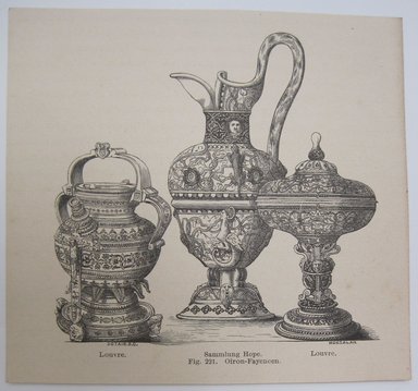 <em>"Clipped illustration of two vessels and pitcher with caption 'Louvre Sammlung Hope. Louvre. / Fig. 221. Oiron-Fayencen.' Reverse has text."</em>. Printed material. Brooklyn Museum. (NK4210_L98_F14_Lycett_inv208.jpg