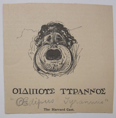 <em>"Oedipus Tyrannus. Clipped illustration of a face with open mouth with Greek caption and handwritten underneath, 'Oedipus Tyrannus.' Reverse has text.."</em>. Printed material. Brooklyn Museum. (NK4210_L98_F14_Lycett_inv209.jpg