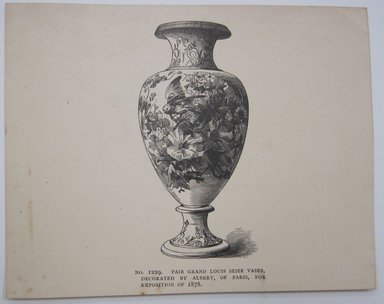 <em>"Pair Grand Louis Seize Vases.. Illustration of a vase with caption 'No. 1229. Pair Grand Louis Seize Vases. / Decorated by Albert, of Paris, for / Exposition of 1878.' Reverse is blank.."</em>. Printed material. Brooklyn Museum. (NK4210_L98_F14_Lycett_inv210.jpg