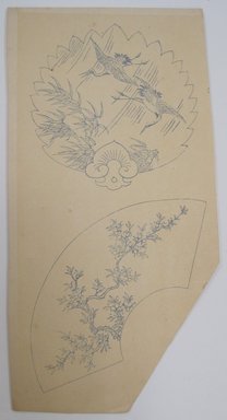 <em>"Clipped illustration with line drawing in blue ink of two decorated fans. Reverse is blank."</em>. Printed material. Brooklyn Museum. (NK4210_L98_F14_Lycett_inv211.jpg