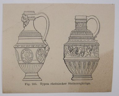 <em>"Typen rheinischer Steinseugkruge. Clipped illustration of two vessels with caption 'Fig. 236. Typen rheinischer Steinseugkruge. (Wurstkruge).' Reverse has illustration of two other vessels.."</em>. Printed material. Brooklyn Museum. (NK4210_L98_F14_Lycett_inv212_verso.jpg