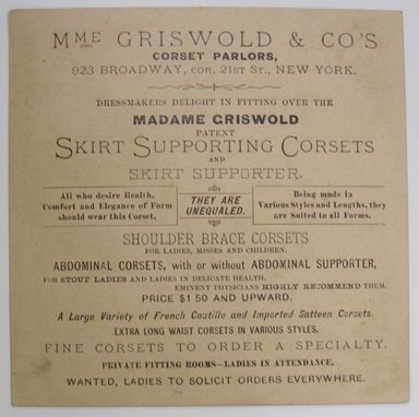 <em>"The Mme. Griswold Corset…. Illustrated card from The Mme. Griswold Corset Parlors with round illustration of a snowy landscape with house. Back is advertisement for the corset parlors.."</em>. Printed material. Brooklyn Museum. (NK4210_L98_F14_Lycett_inv217_verso.jpg