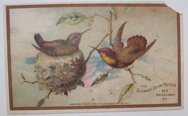 <em>"The Griswold Corset Parlors. Illustrated card advertisement for The Griswold Corset Parlors with illustration of two birds and a nest. Reverse has information about the corset parlors.."</em>. Printed material. Brooklyn Museum. (NK4210_L98_F14_Lycett_inv218.jpg