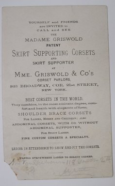 <em>"The Griswold Corset Parlors. Illustrated card advertisement for The Griswold Corset Parlors with illustration of two birds and a nest. Reverse has information about the corset parlors.."</em>. Printed material. Brooklyn Museum. (NK4210_L98_F14_Lycett_inv218_verso.jpg