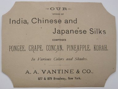 <em>"Our stock of India, Chinese, and Japanese Silks. Advertisement with two illustrations of Asian-style scenes on front and ad on back beginning 'Our stock of India, Chinese, and Japanese Silks.'"</em>. Printed material. Brooklyn Museum. (NK4210_L98_F14_Lycett_inv222_verso.jpg