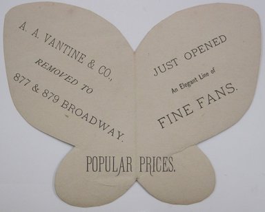 <em>"A. A. Vantine & Co.. Butterfly shaped advertisement for A. A. Vantine & Co. with two illustrated Asian-style scenes in front and company info on back.."</em>. Printed material. Brooklyn Museum. (NK4210_L98_F14_Lycett_inv223_verso.jpg