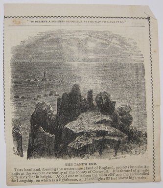 <em>"The Land's End. Clipped illustration of geologic formation in front of water, with caption 'The Land's End.' Reverse has calendar information.."</em>. Printed material. Brooklyn Museum. (NK4210_L98_F14_Lycett_inv225.jpg