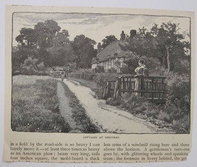 <em>"In Kent -- Near Gravesend. Clipped illustration of field with trees with caption 'In Kent -- Near Gravesend' Reverse has another illustration with caption 'Cottages at Shottery.'"</em>. Printed material. Brooklyn Museum. (NK4210_L98_F14_Lycett_inv226_verso.jpg