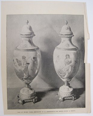 <em>"Pair of Sevres Vases…. Clipped photo of two vases with caption 'Pair of Sevres Vases, decorated by M. Demonceaux for Bailey, Banks & Biddle' Reverse has text and drawn illustration.."</em>. Printed material. Brooklyn Museum. (NK4210_L98_F14_Lycett_inv229.jpg