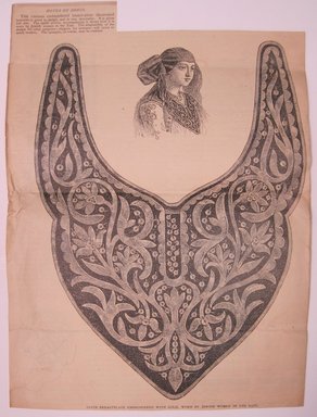 <em>"Satin Breastplate. Clipped illustration of a patterned breastplate and woman wearing it with caption 'Satin breatplate embroidered with gold, worn by Jewish women in the East.' Reverse has text and other illustrations.."</em>. Printed material. Brooklyn Museum. (NK4210_L98_F14_Lycett_inv231.jpg