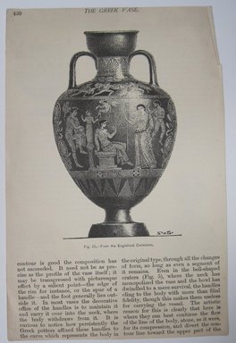 <em>"The Greek Vase. Clipped illustration of Greek vase with heading 'The Greek Vase' and caption 'Fig. 20. -- From the Englefield Collectoin.' Reverse has text and 3 more illustrations of vases.."</em>. Printed material. Brooklyn Museum. (NK4210_L98_F14_Lycett_inv232.jpg