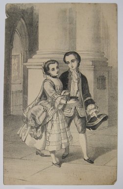 <em>"Clipped illustration of two figures in old-fashioned costume. Reverse is blank."</em>. Printed material. Brooklyn Museum. (NK4210_L98_F14_Lycett_inv234.jpg