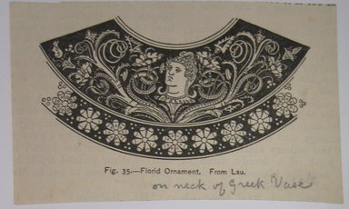 <em>"Florid Ornament. Clipped illustration of a curved decoration with catpion 'Fig. 35. -- Florid Ornament. From Lau.' and handwritten below 'on neck of Greek vase' Reverse has text.."</em>. Printed material. Brooklyn Museum. (NK4210_L98_F14_Lycett_inv235.jpg