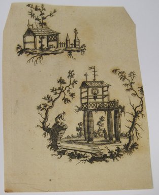 <em>"Clipped illustration of two Asian-style buildings. Reverse is blank."</em>. Printed material. Brooklyn Museum. (NK4210_L98_F14_Lycett_inv245.jpg