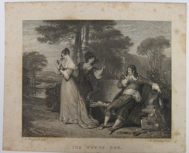 <em>"The Snuff Box. Engraving of 3 figures and a bench in a landscape, with caption 'The Snuff Box' and written below 'F. P. Stephanoff, pinx H. Robinson, fculp' Reverse is blank.."</em>. Printed material. Brooklyn Museum. (NK4210_L98_F14_Lycett_inv248.jpg