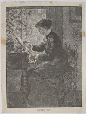 <em>"Painting Tiles. Clipped illustration of a woman painting with caption 'Painting Tiles' Reverse has text and fragment of another illustration.."</em>. Printed material. Brooklyn Museum. (NK4210_L98_F14_Lycett_inv252.jpg